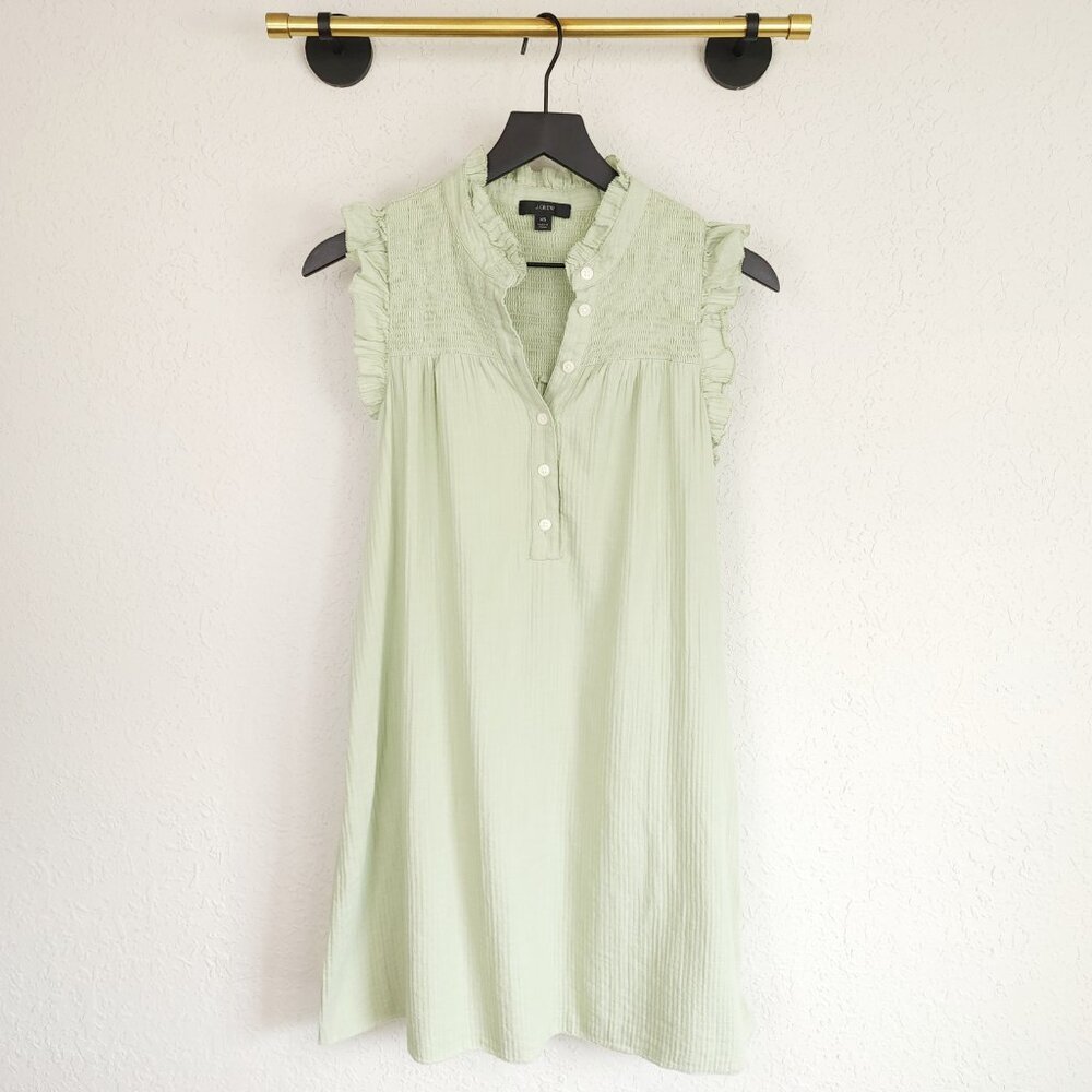 J. Crew XS Green Soft Gauze Smock Ruffle Garden Placket Shift Mini Sundress
